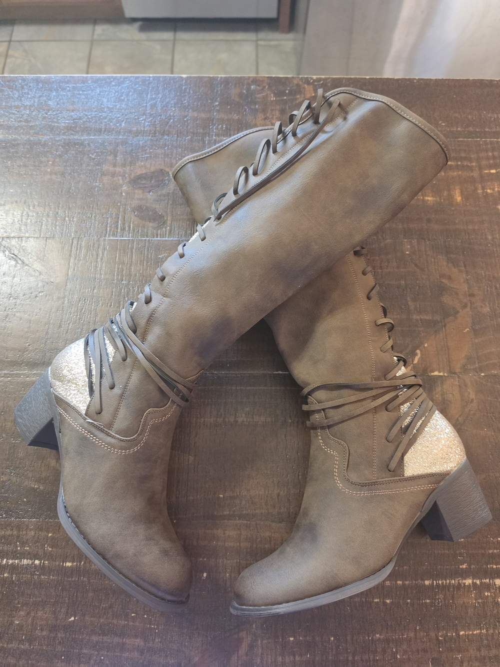 Women's Brown Lace-Up Knee-High Boots with Glitter Accent Size 10